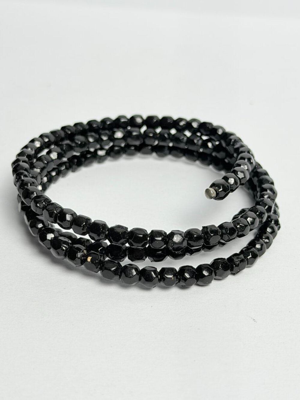 Antique French Jet Black Glass Memory Wire Wrap Bracelet Victorian Mourning